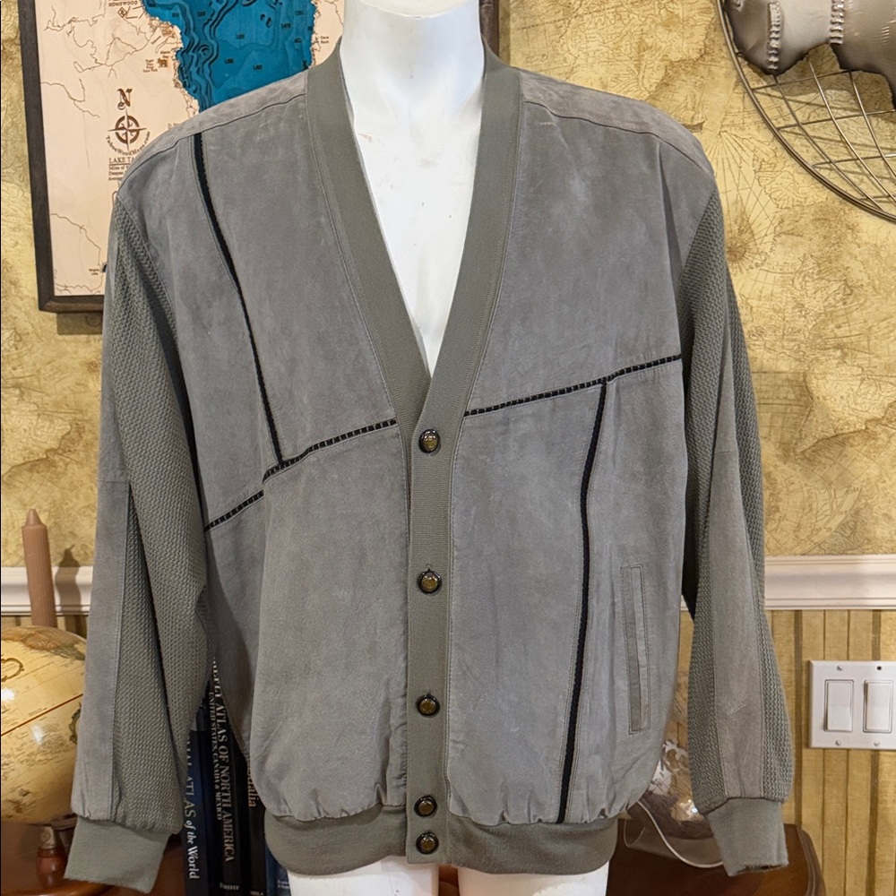 Maximo Collezione 90’s Vintage Men's Olive ButtonUp LeatherXWaffle  Jacket XL